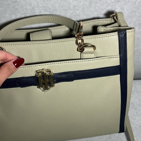 Tommy Hilfiger Taupe Navy Leather Satchel Tote Bag - Picture 9 of 11